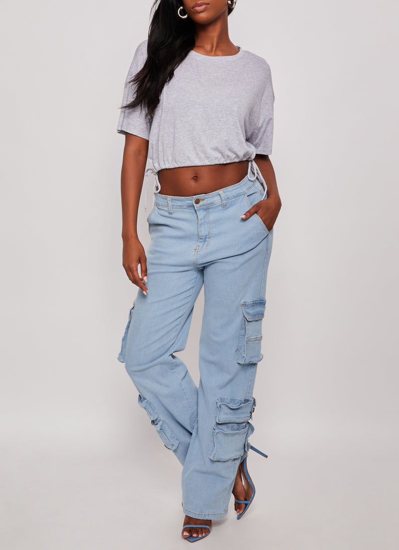 Solid Crew Neck Drawstring Hem Top