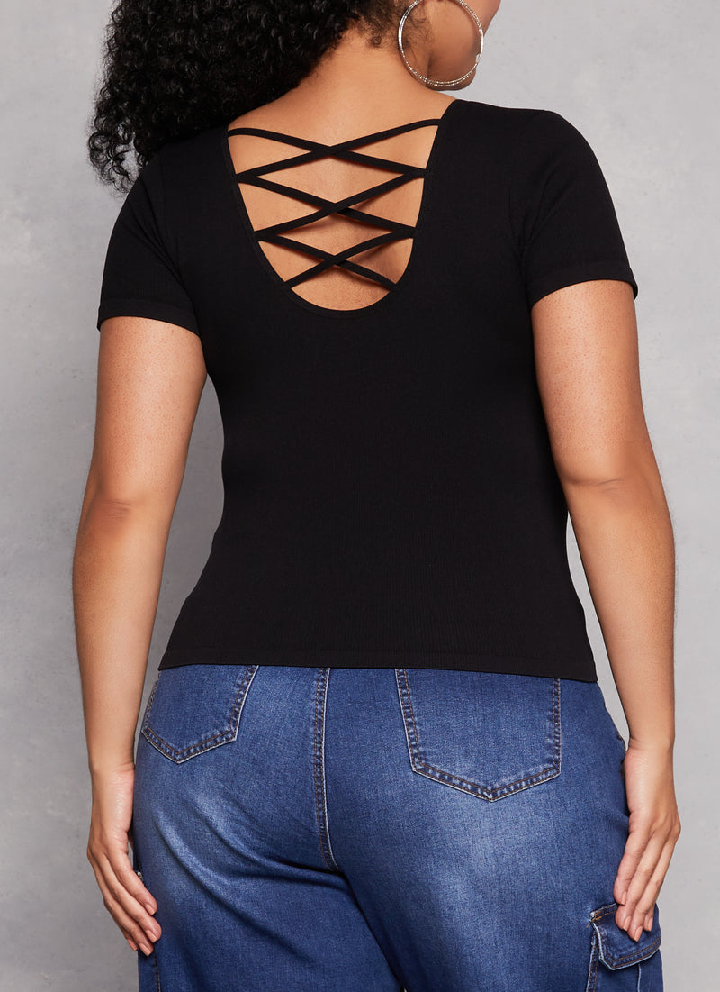 Plus Size Criss Cross Back Short Sleeve Tee