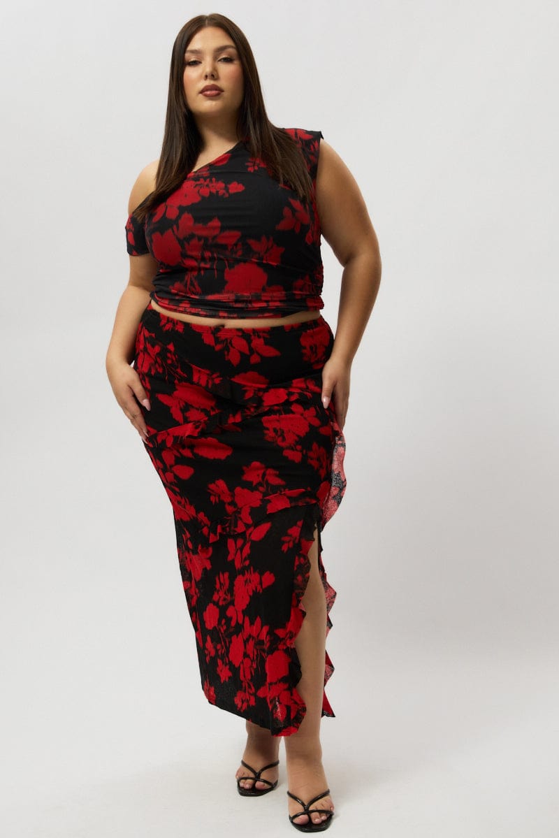 Red Abstract Stretch Frill Printed Maxi Skirt
