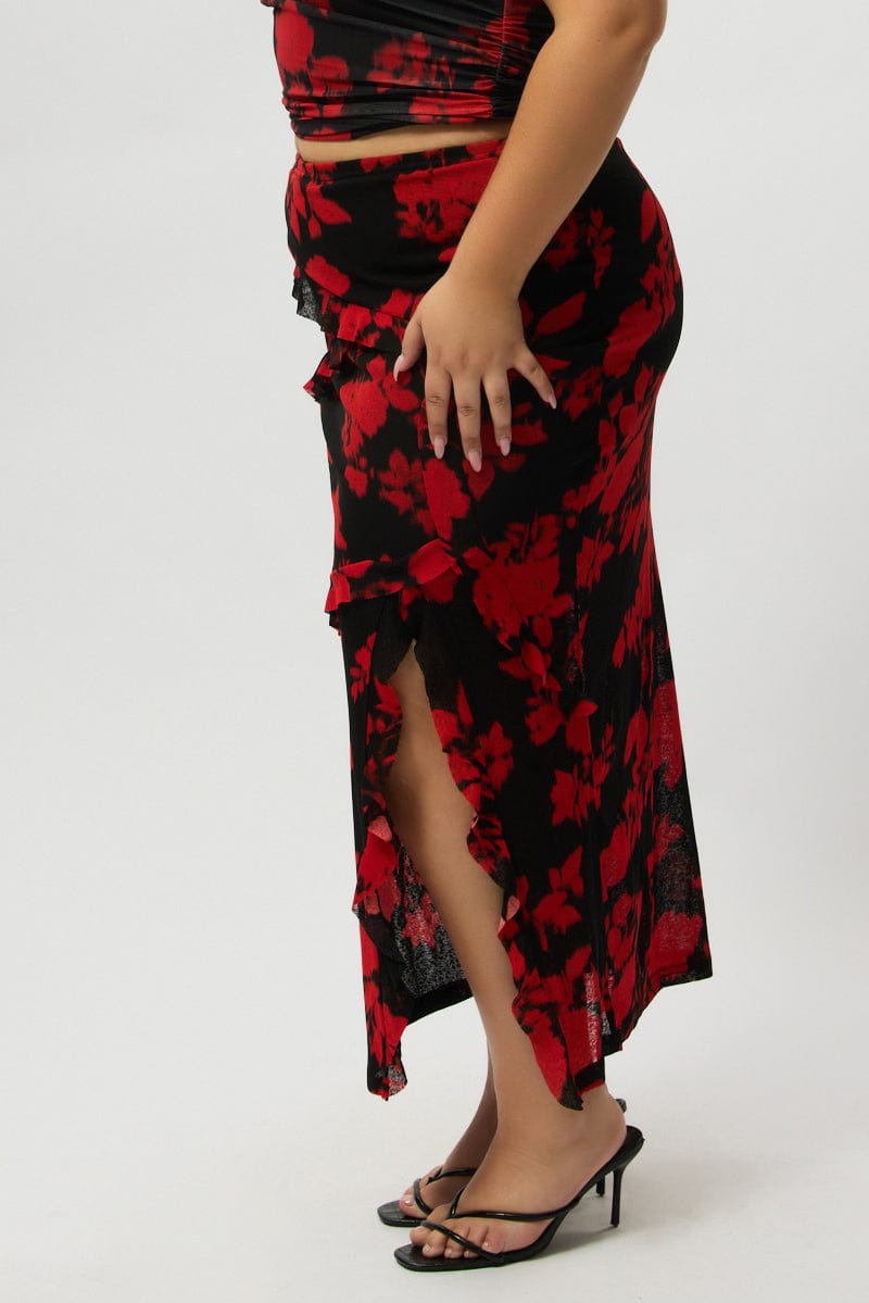 Red Abstract Stretch Frill Printed Maxi Skirt