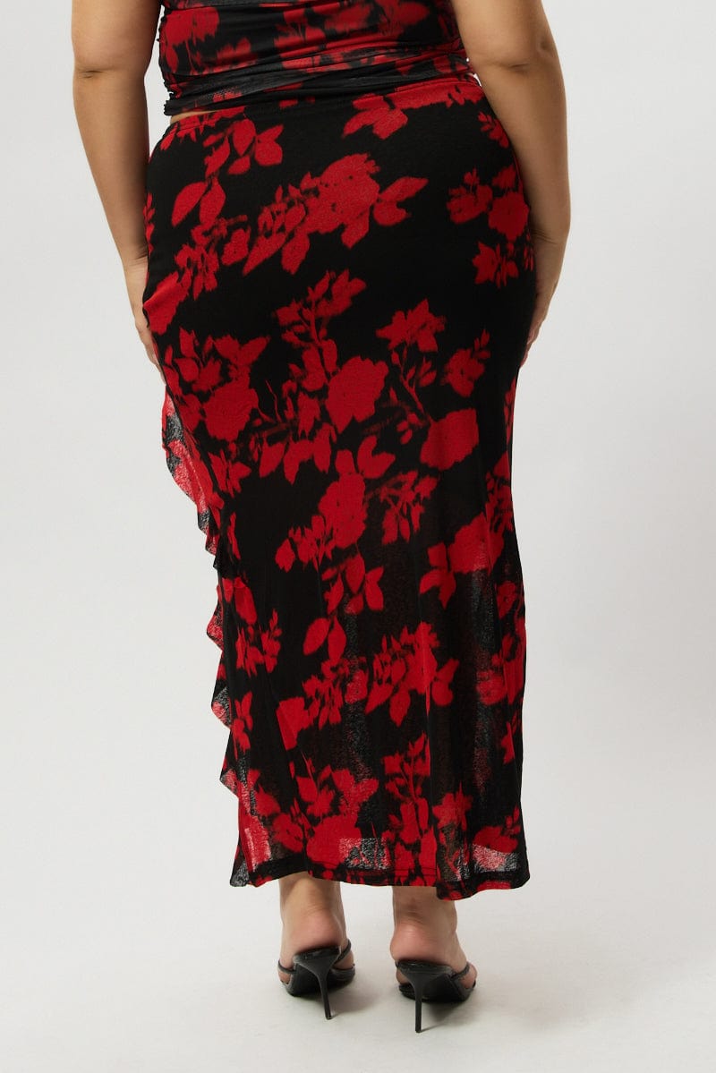 Red Abstract Stretch Frill Printed Maxi Skirt