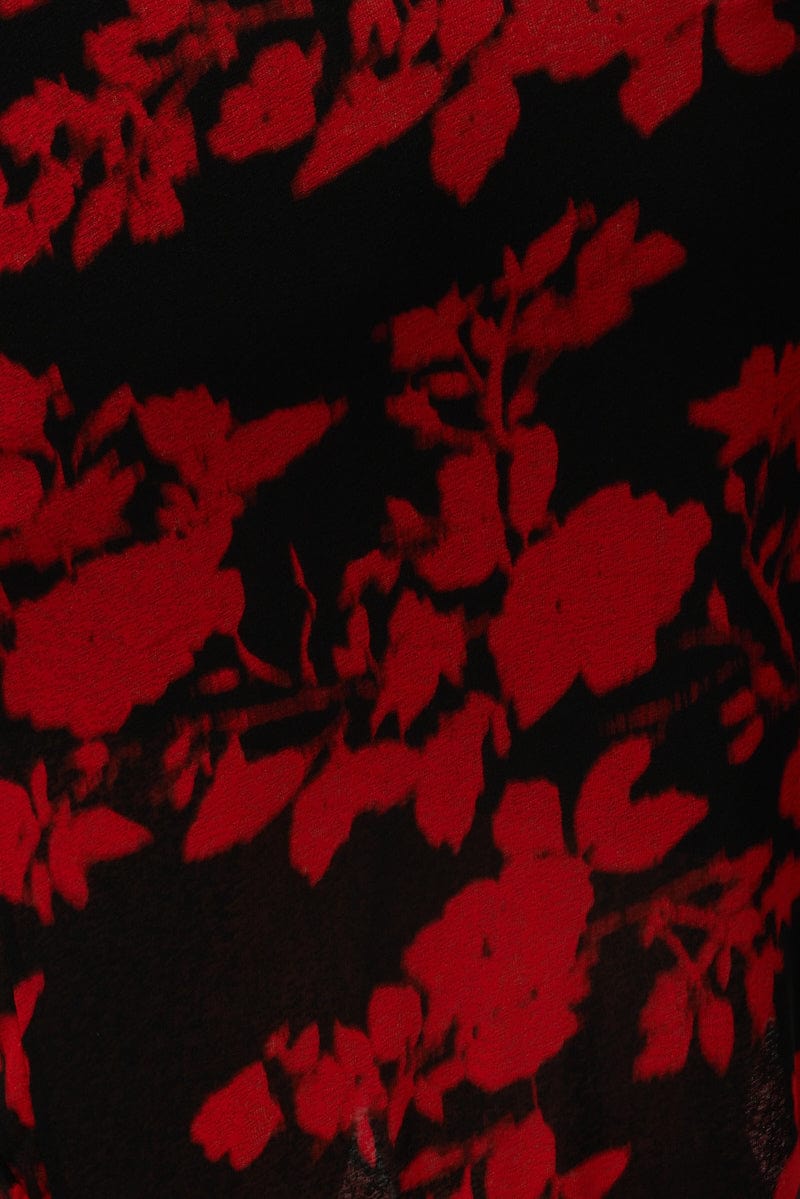 Red Abstract Stretch Frill Printed Maxi Skirt