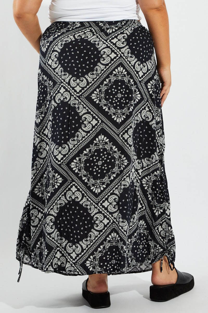 Blue Boho Drawstring Side Bandana Maxi Skirt