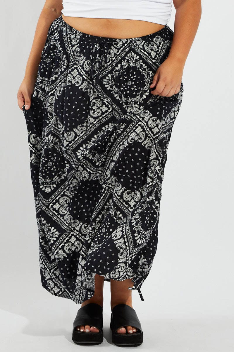 Blue Boho Drawstring Side Bandana Maxi Skirt