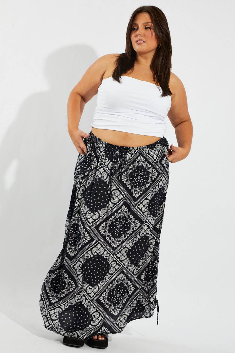 Blue Boho Drawstring Side Bandana Maxi Skirt