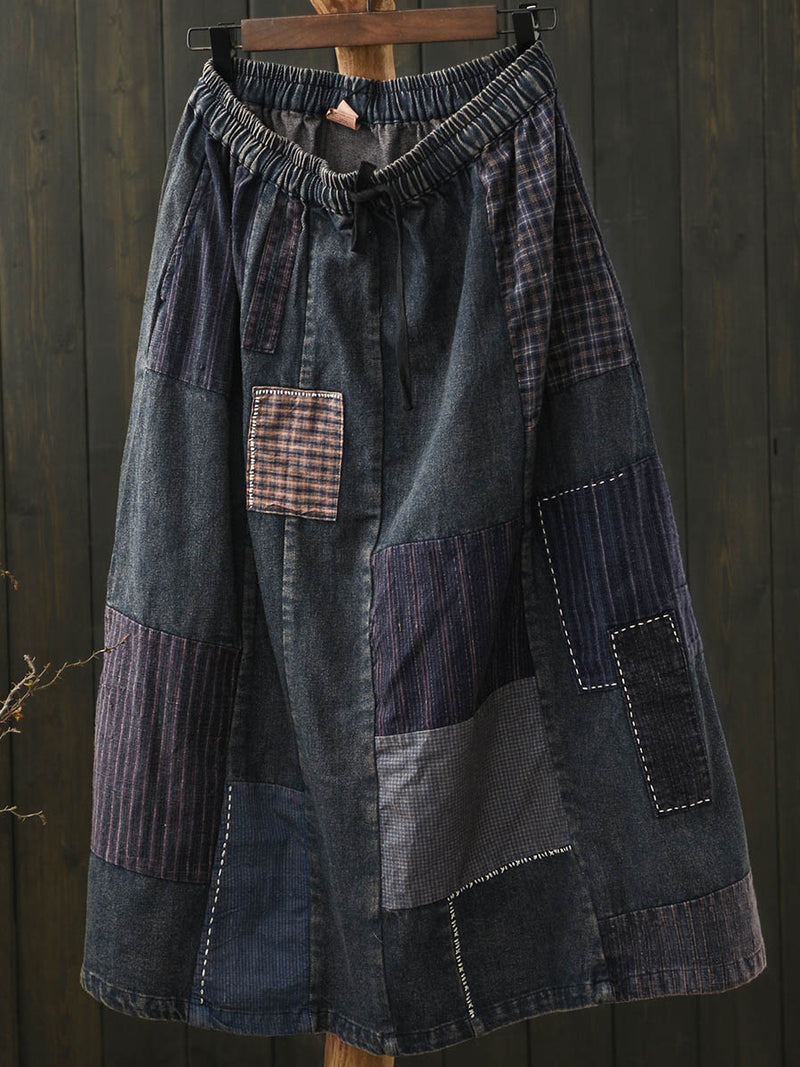 Women Spring Retro Patch Spliced A-Shape Denim Skirt