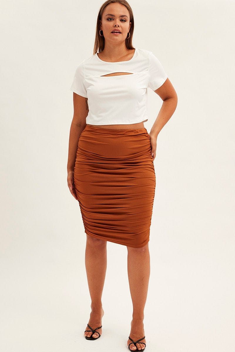 Brown Bodycon Skirt High Waist Ruched Midi Jersey
