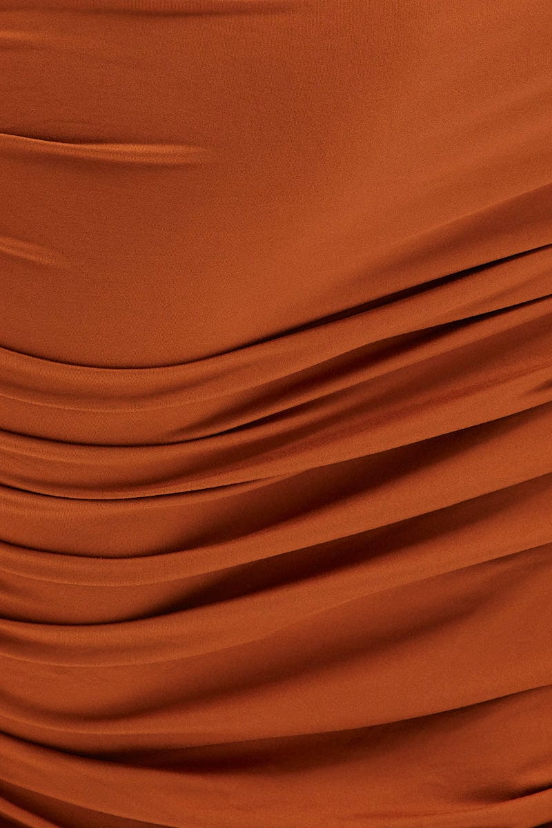 Brown Bodycon Skirt High Waist Ruched Midi Jersey