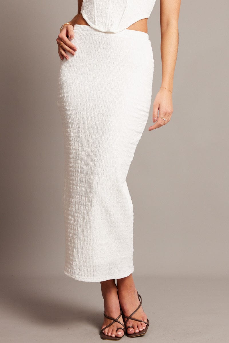 White Midi Skirt High Rise Textured Jersey