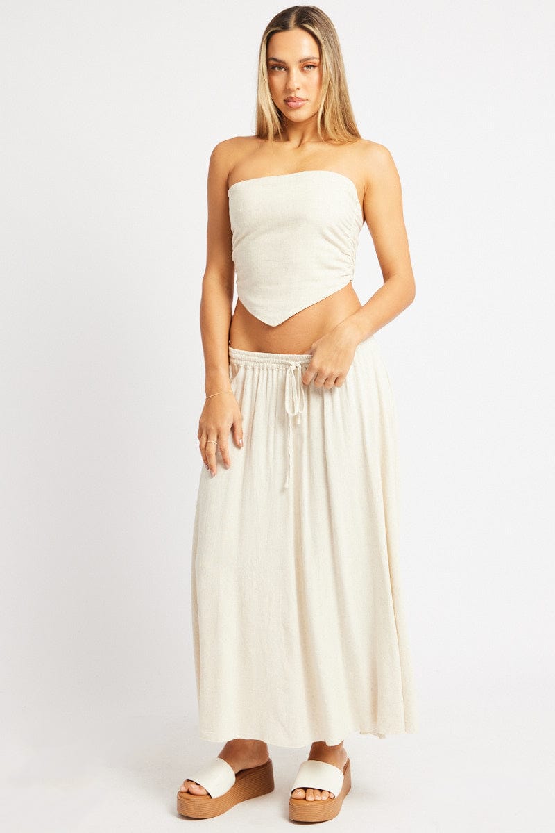 Beige Midaxi Skirt High Rise Volume Linen Blend