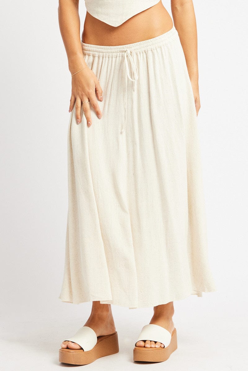 Beige Midaxi Skirt High Rise Volume Linen Blend