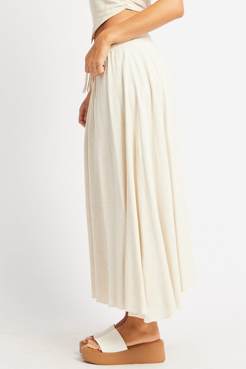 Beige Midaxi Skirt High Rise Volume Linen Blend