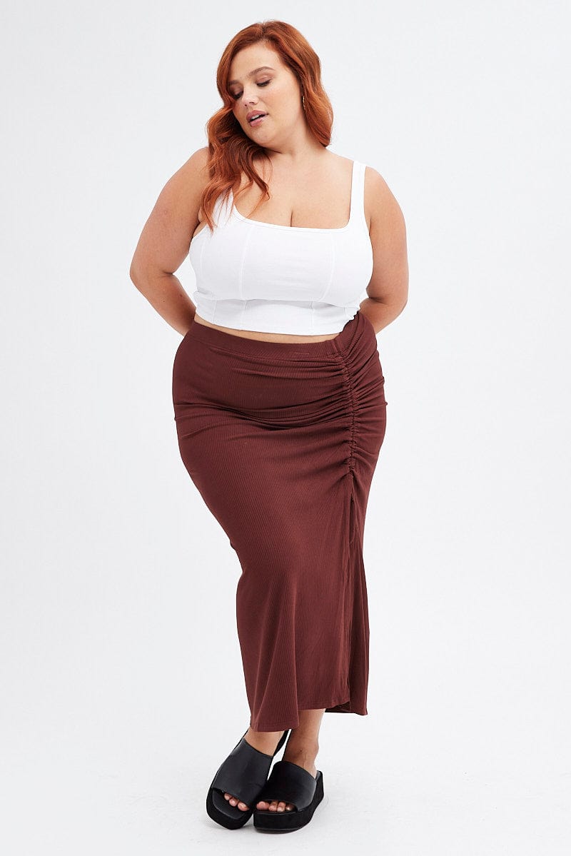 Brown Midi Skirt Rib Ruched