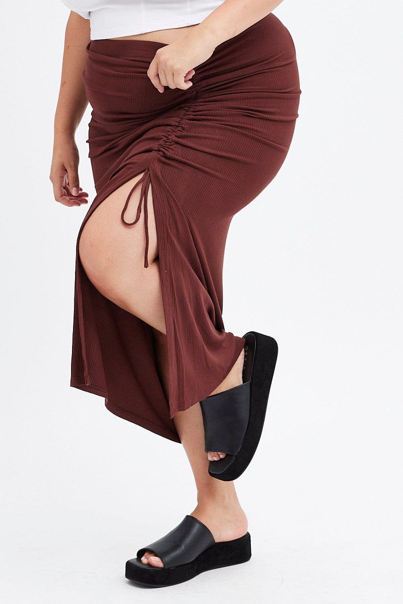 Brown Midi Skirt Rib Ruched