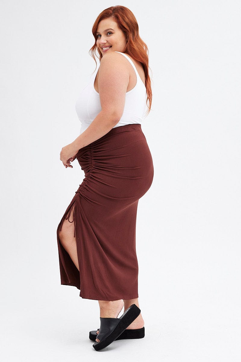 Brown Midi Skirt Rib Ruched