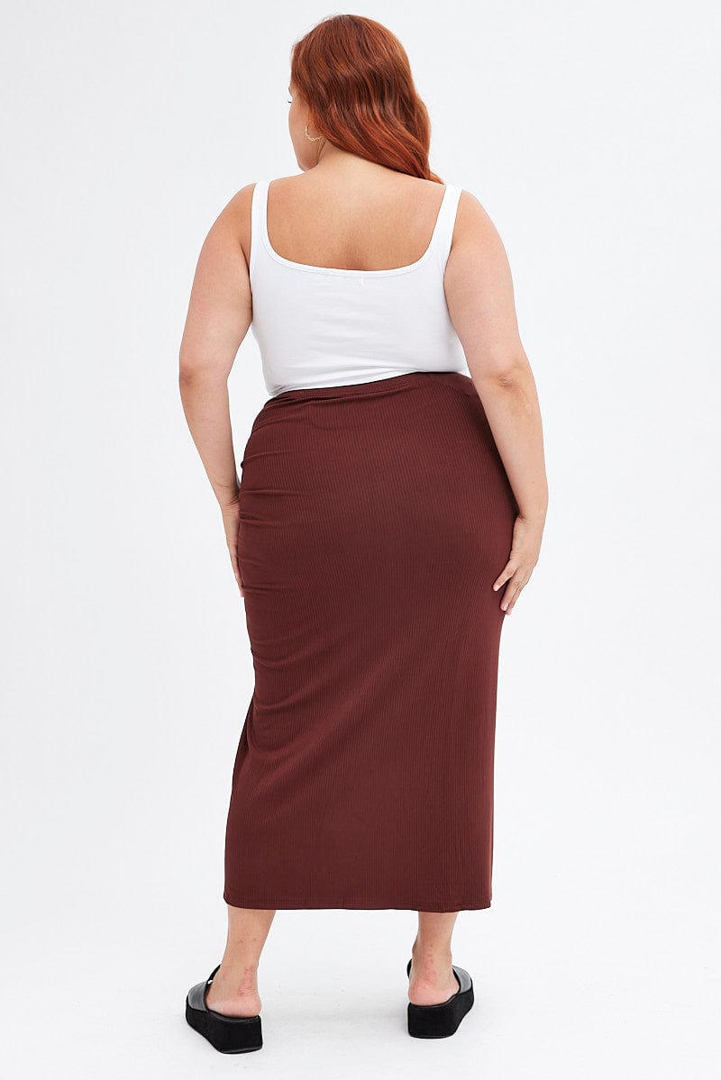 Brown Midi Skirt Rib Ruched