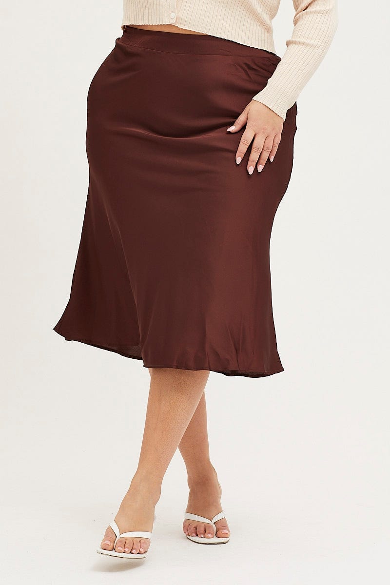 Brown Midi Satin Skirt Elastic Waist