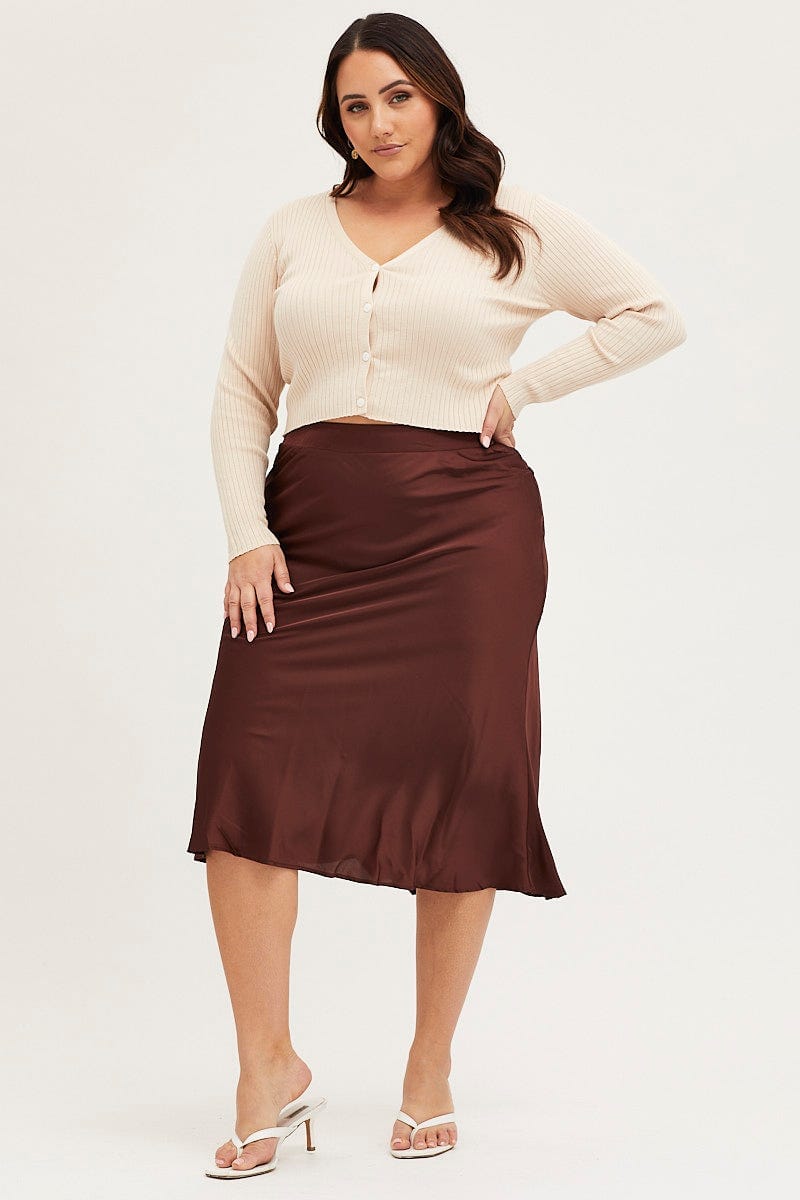 Brown Midi Satin Skirt Elastic Waist