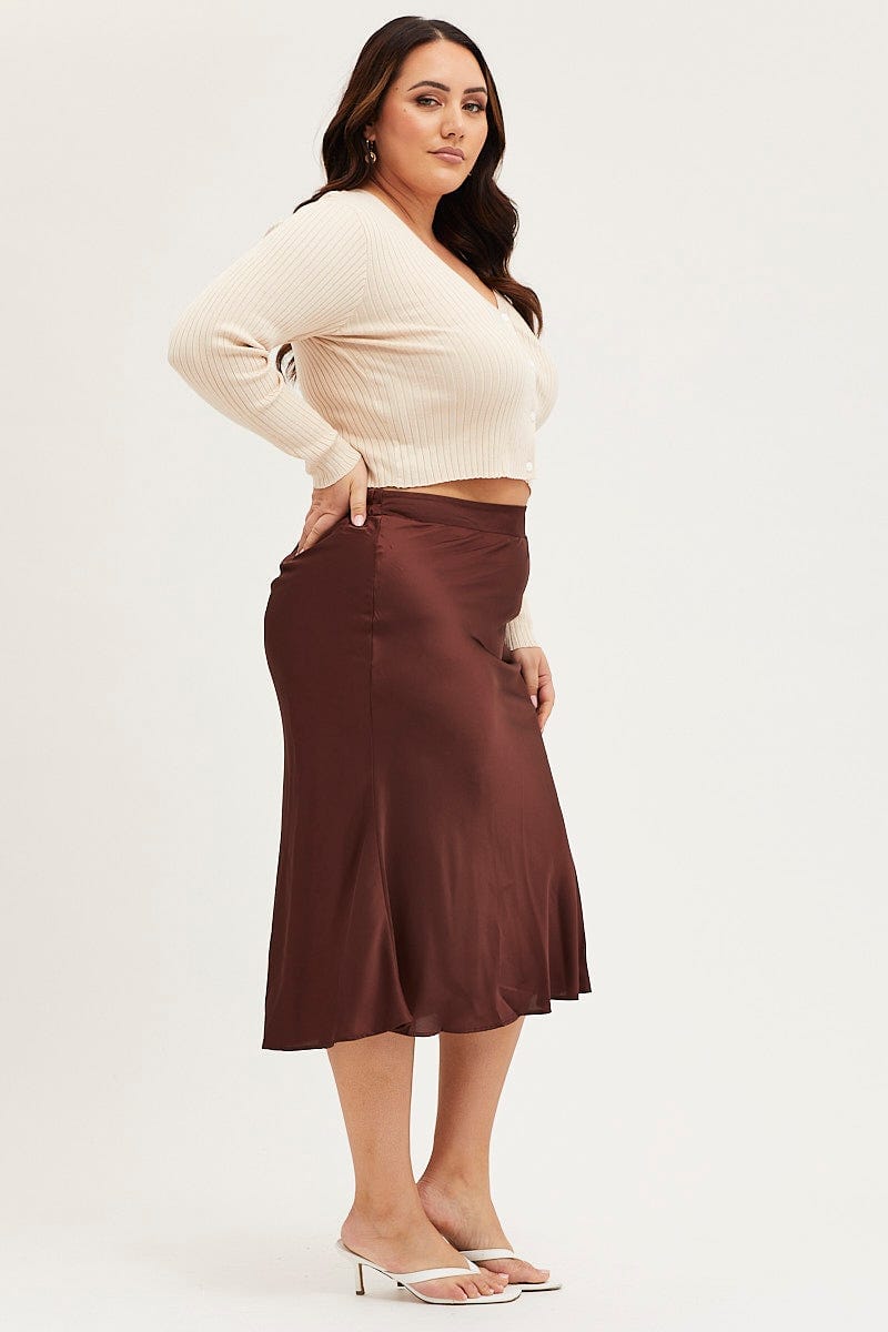 Brown Midi Satin Skirt Elastic Waist