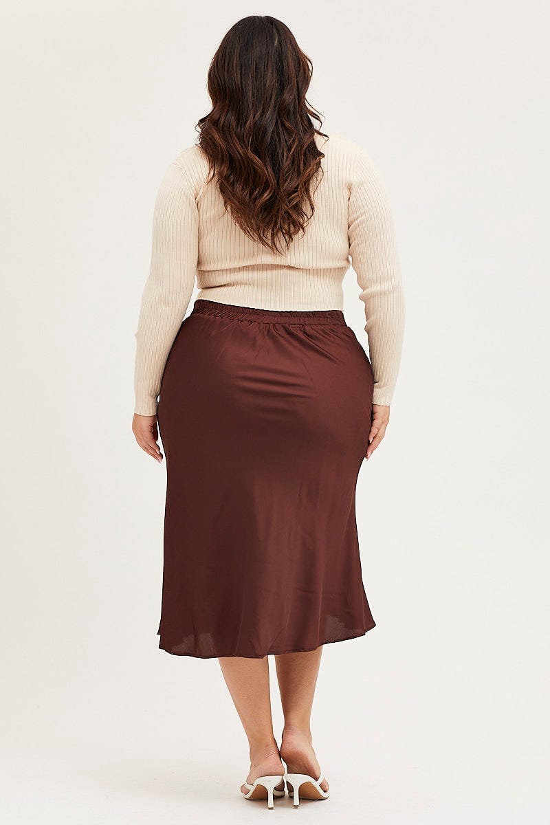 Brown Midi Satin Skirt Elastic Waist