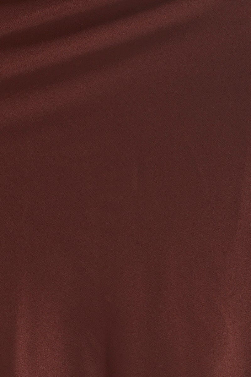 Brown Midi Satin Skirt Elastic Waist