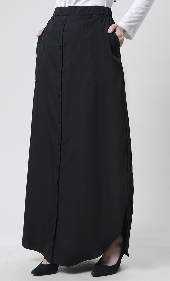 Front button elastic waist fit skirt