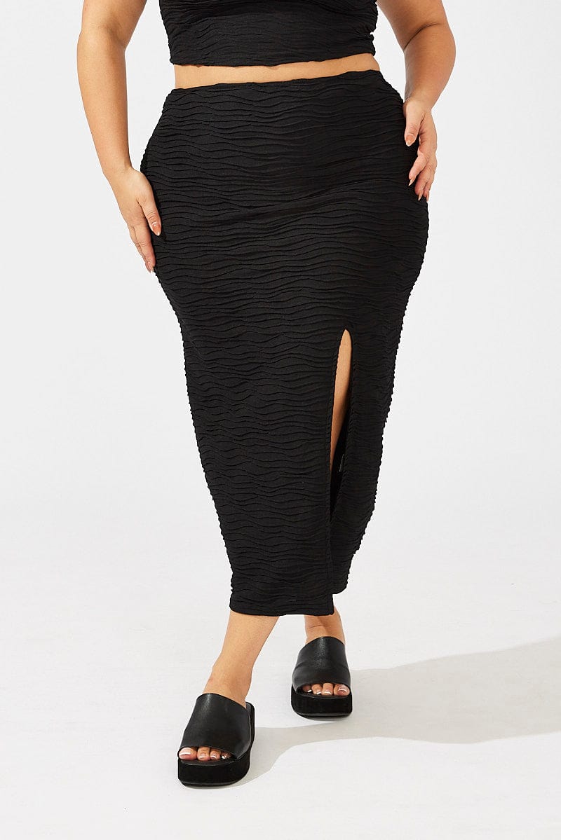 Black Wavy Texture Bodycon Split Skirt