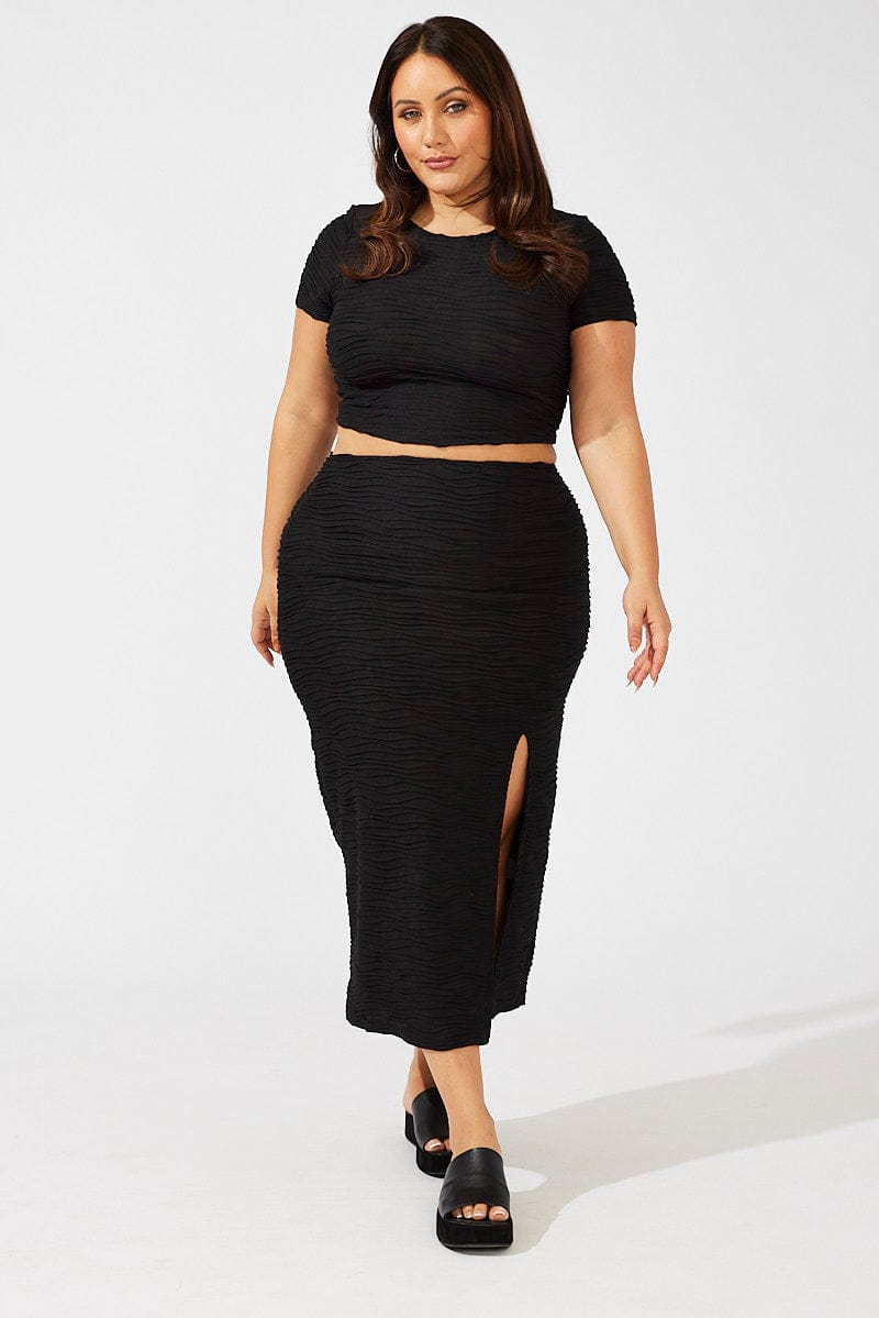 Black Wavy Texture Bodycon Split Skirt