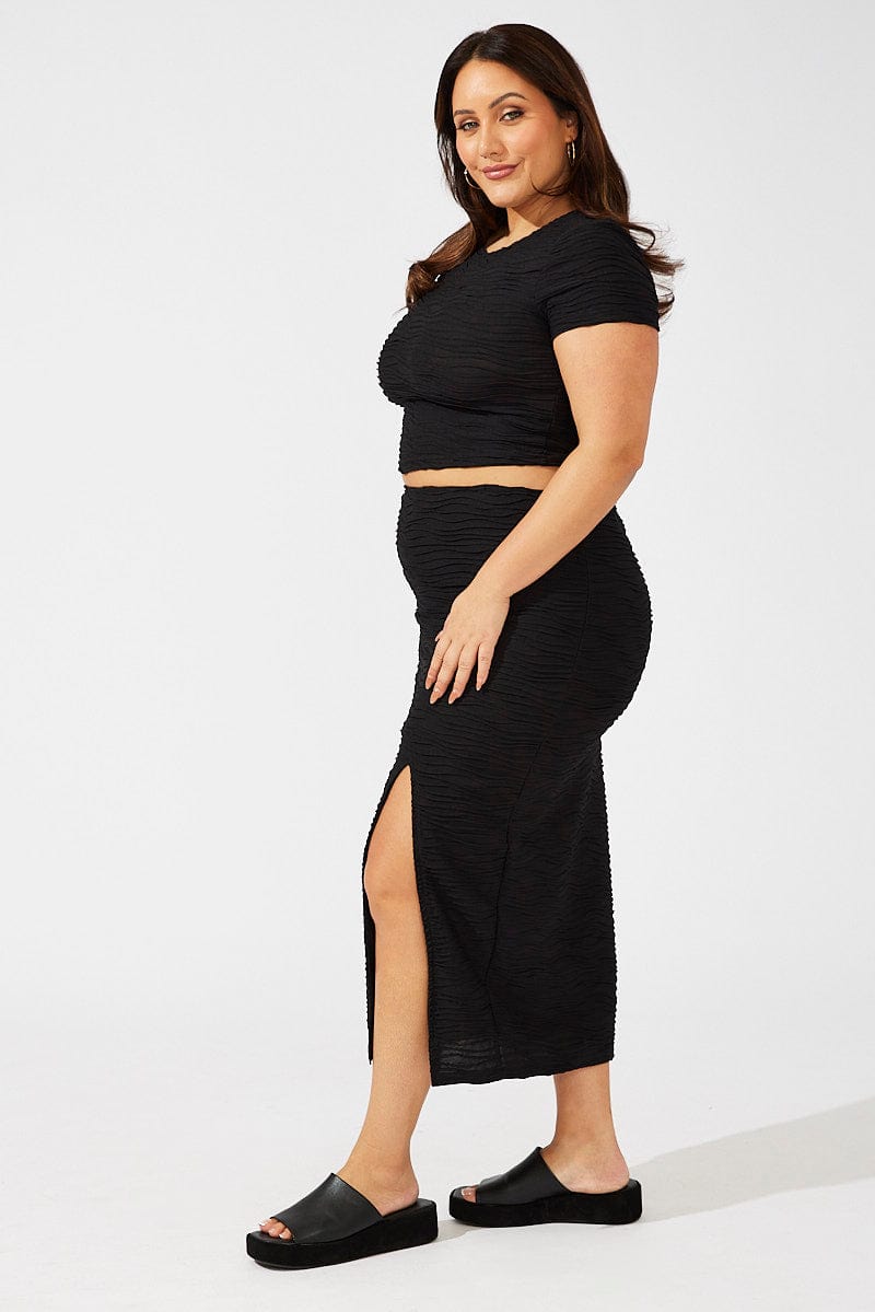 Black Wavy Texture Bodycon Split Skirt