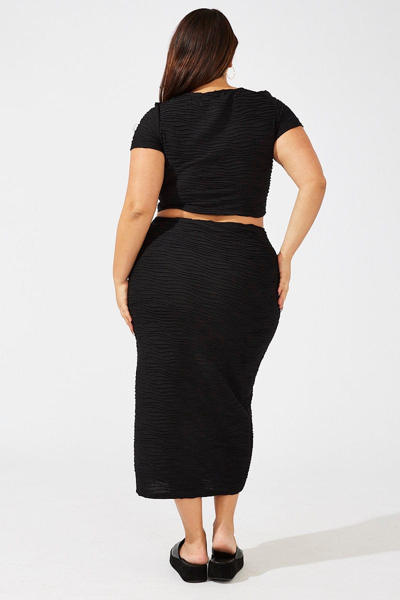 Black Wavy Texture Bodycon Split Skirt
