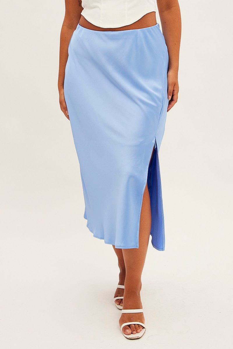 Blue Midi Skirt Bias Satin Split Side