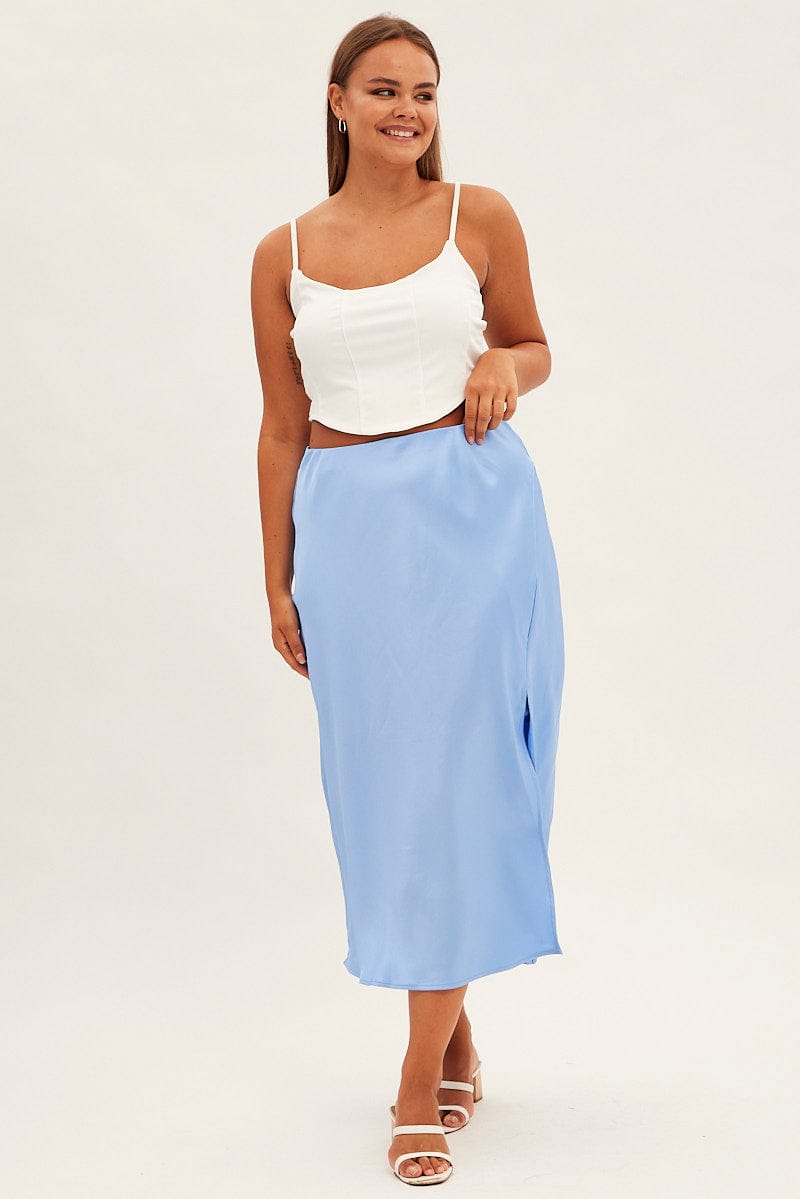 Blue Midi Skirt Bias Satin Split Side