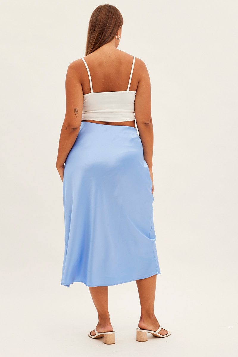 Blue Midi Skirt Bias Satin Split Side