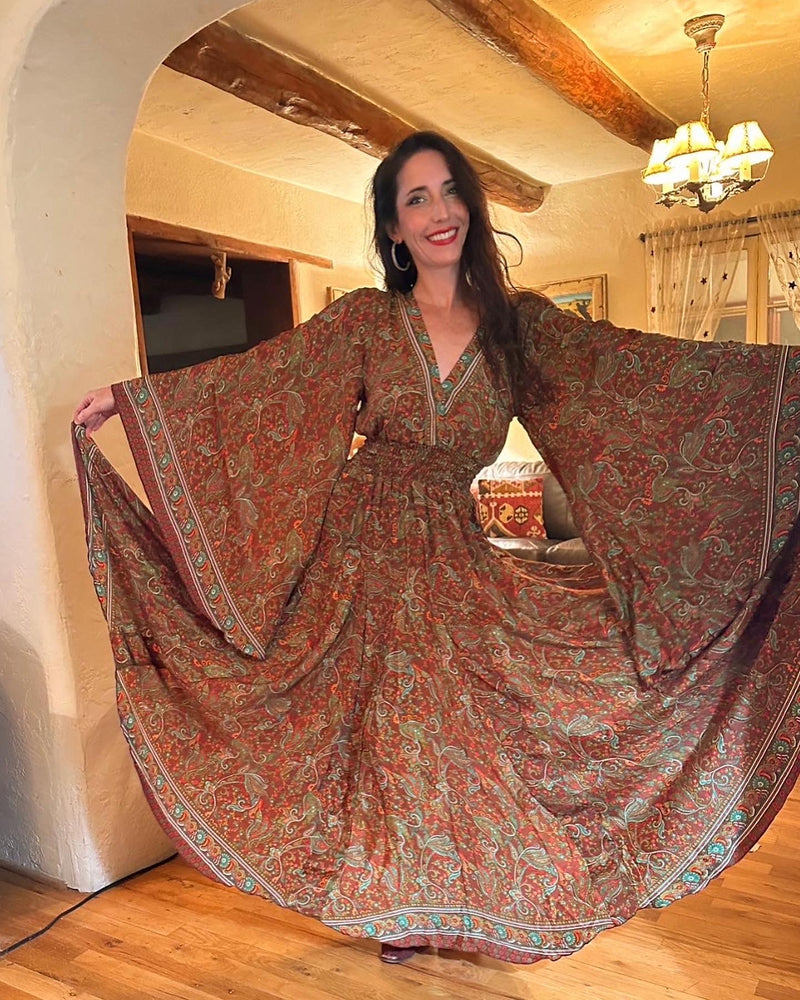 The Nina “Feeling Good” Dress – Boho Maxi Dress with Dramatic Sleeves & Full Twirling Skirt | 70% Silk | XS to XXL | 3 Prints