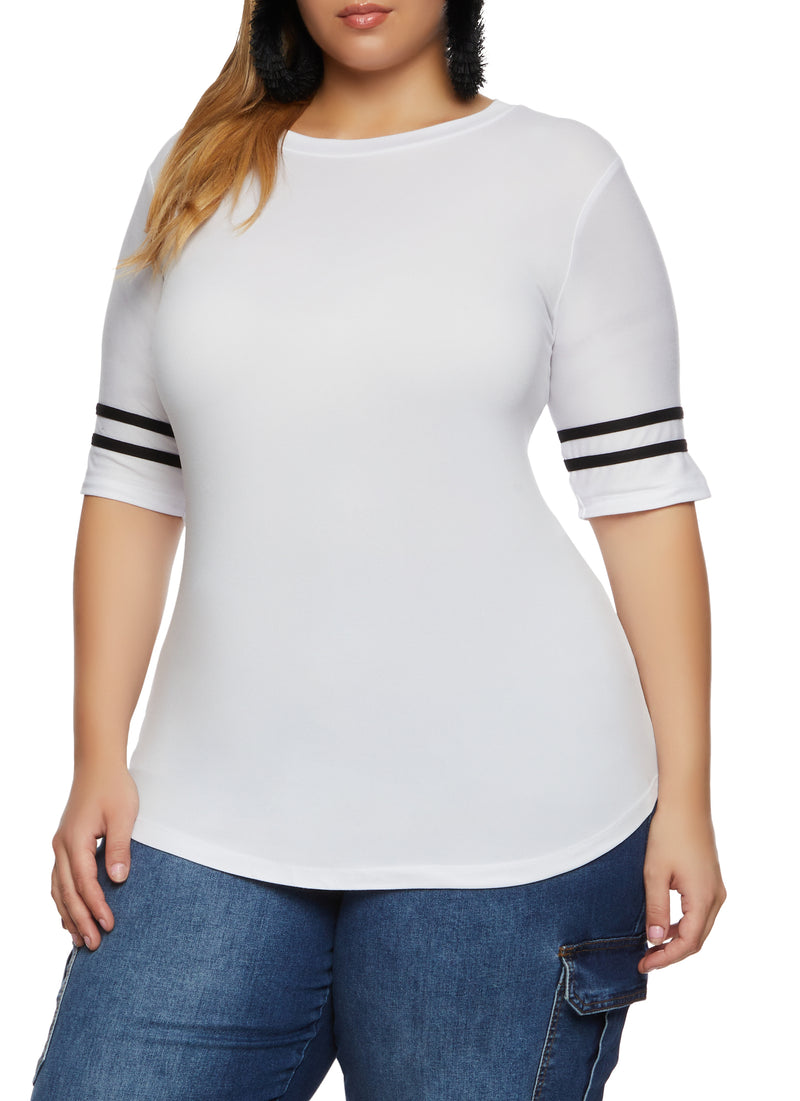 Plus Size Varsity Striped Sleeve T Shirt