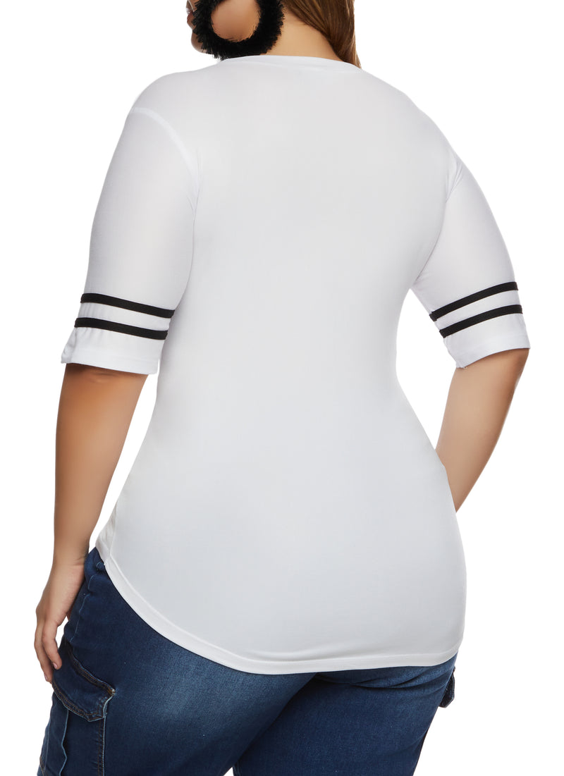 Plus Size Varsity Striped Sleeve T Shirt