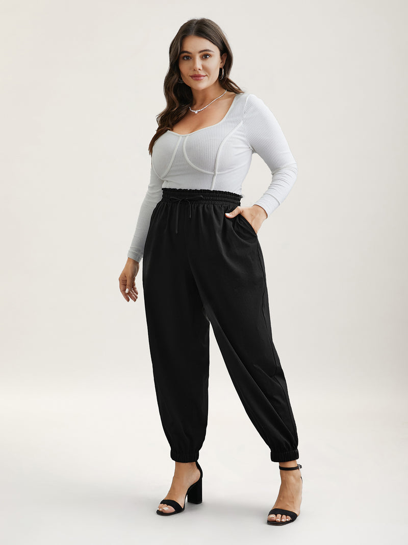 Ruffled Waist Drawstring Tapered Pants