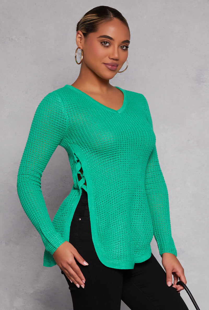 Waffle Knit V Neck Caged Side Sweater