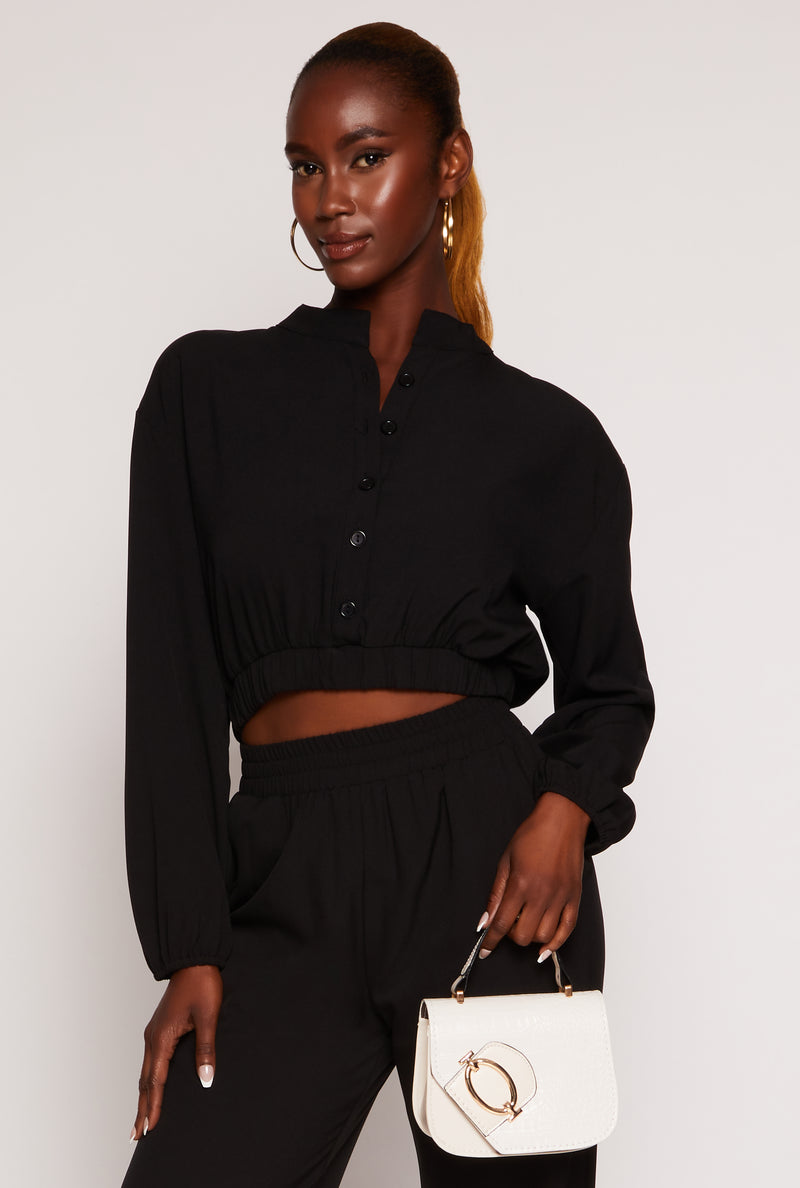 Crepe Knit Button Front Cropped Blouse