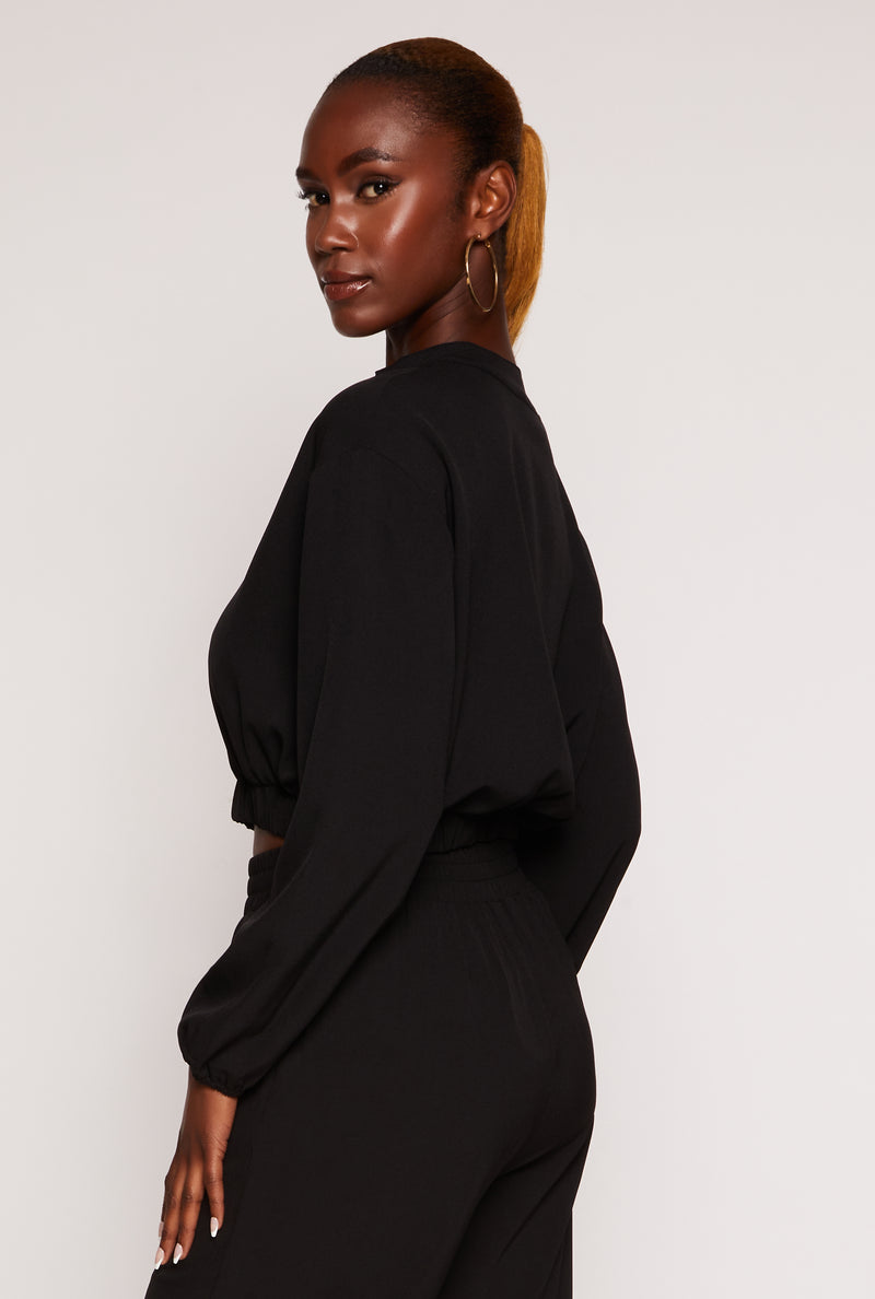 Crepe Knit Button Front Cropped Blouse