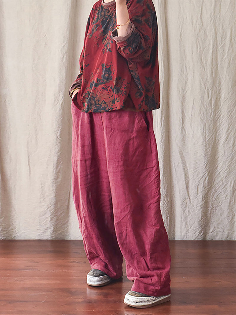 Plus Size Women Linen Pocket Elastic Waist Pure Color Pants