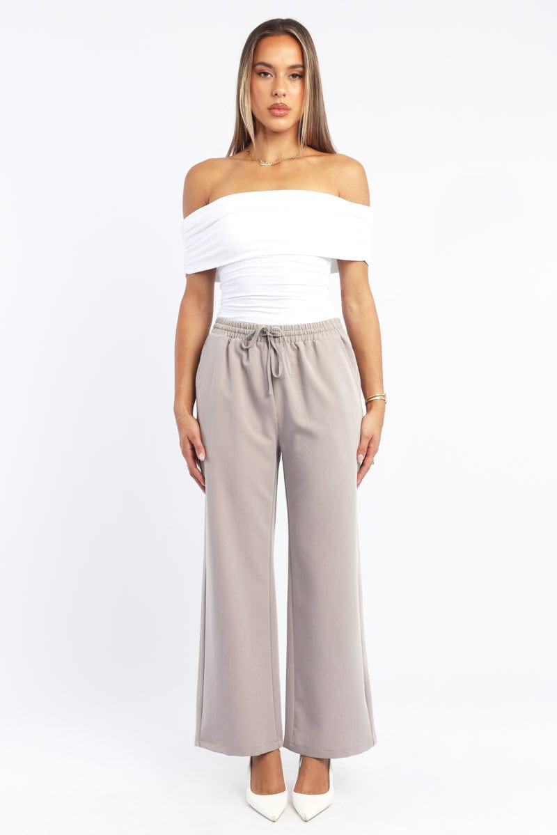 Beige Wide Leg Pants Elasticated Waist