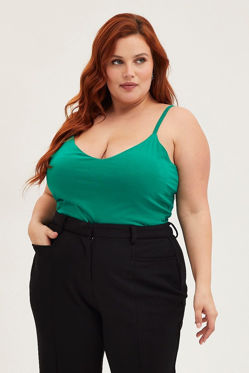 Green Singlet Top V-neck Cotton