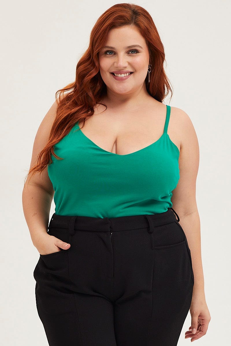 Green Singlet Top V-neck Cotton