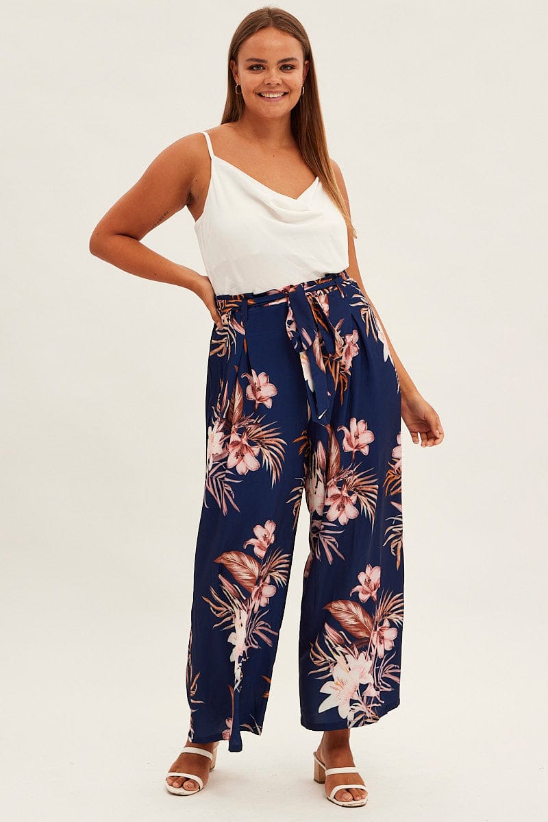 Blue Floral Wide Leg Jumpsuit Sleeveless Cowl Neck