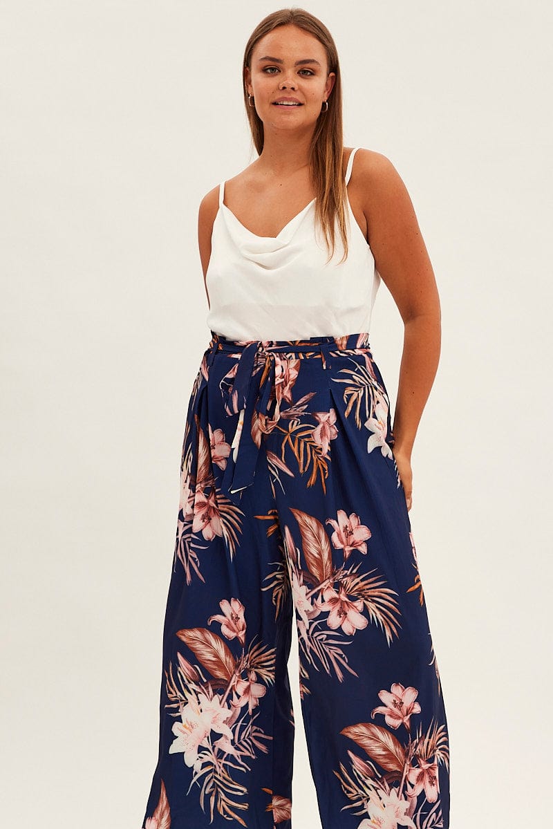 Blue Floral Wide Leg Jumpsuit Sleeveless Cowl Neck