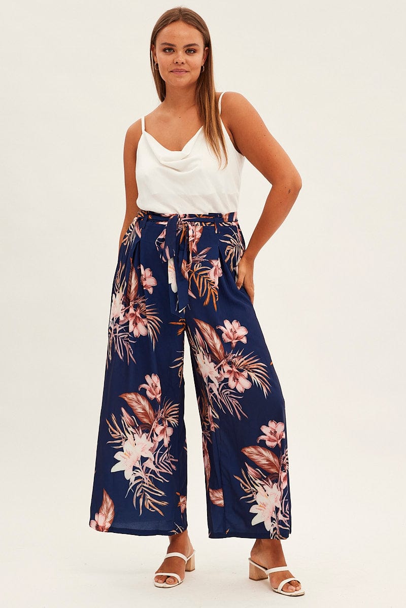 Blue Floral Wide Leg Jumpsuit Sleeveless Cowl Neck