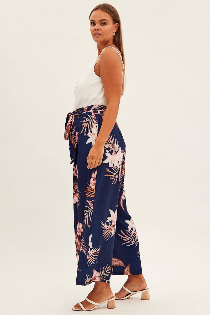 Blue Floral Wide Leg Jumpsuit Sleeveless Cowl Neck