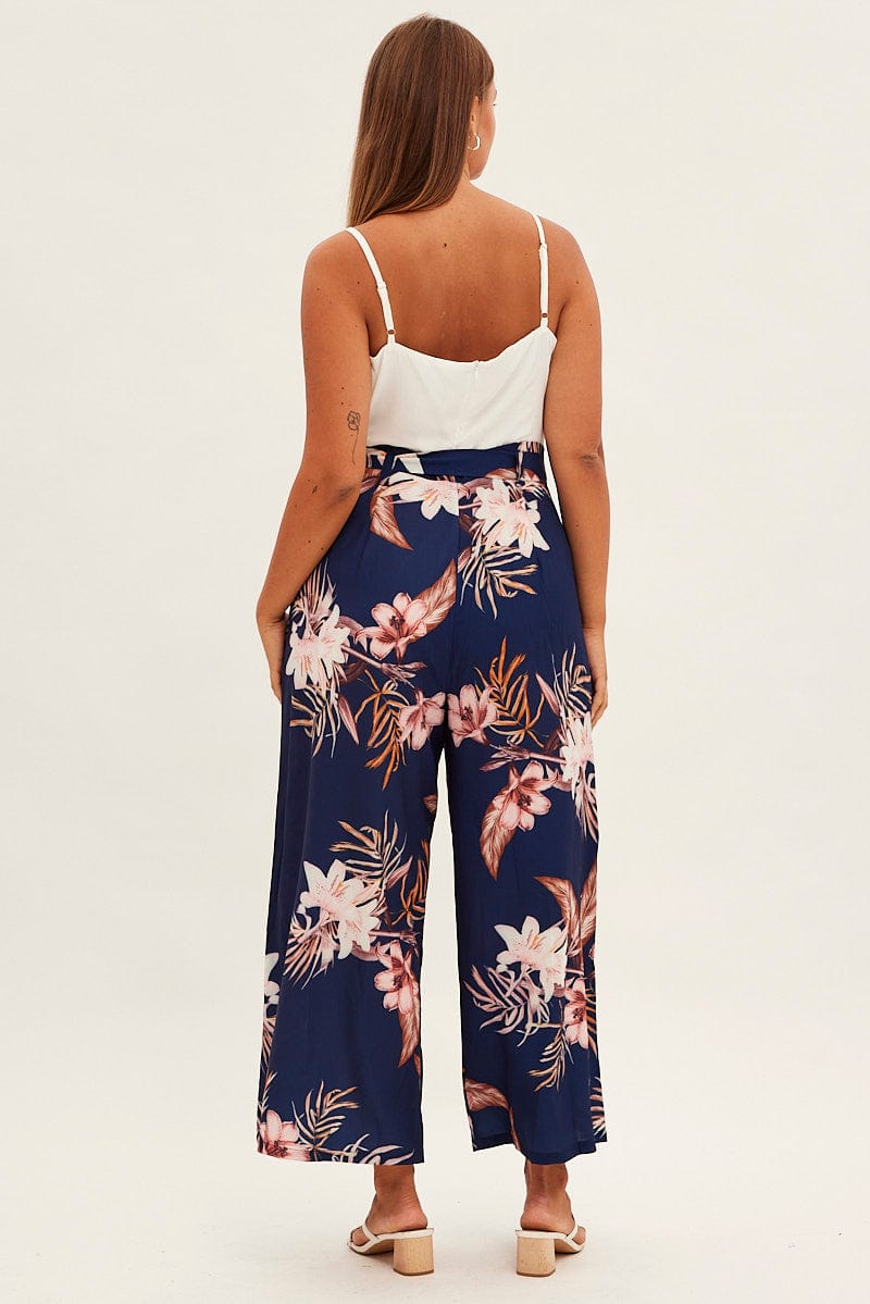 Blue Floral Wide Leg Jumpsuit Sleeveless Cowl Neck