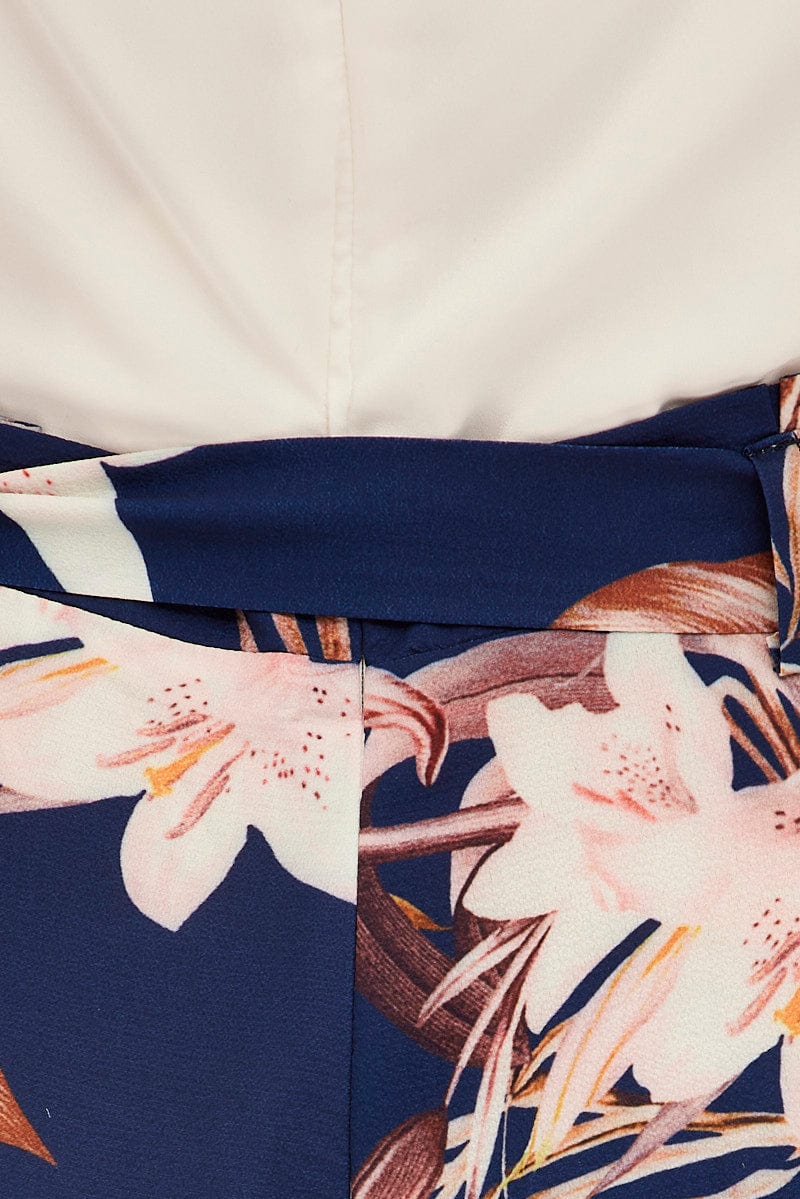 Blue Floral Wide Leg Jumpsuit Sleeveless Cowl Neck